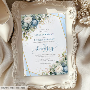 Elegant Dusty Blue Guld Blommigt Bröllopsinbjudan Inbjudningar