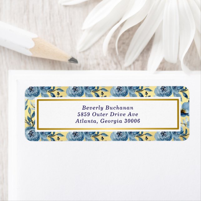 Elegant Dusty Blue Guld Blommigt Ro Returadress Returadress Etikett (Insitu)
