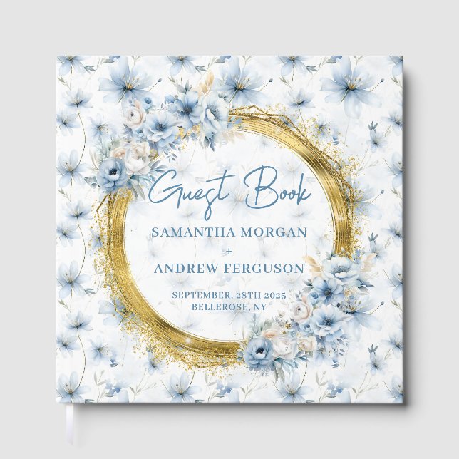 Elegant Dusty Blue Guld Glitter Bröllop Guest Bok (Framsida)