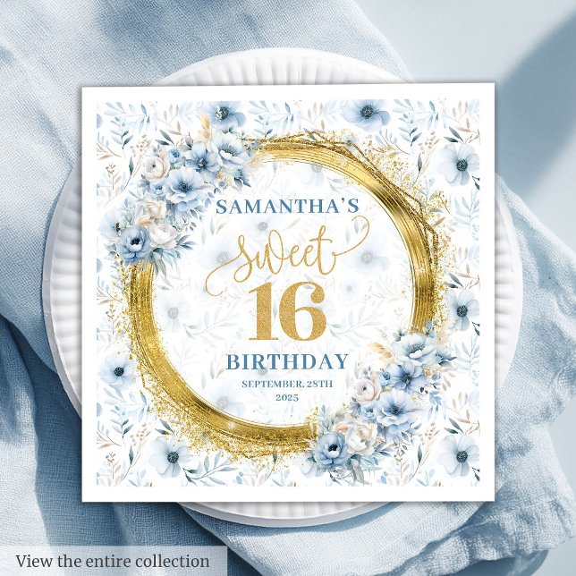 Elegant Dusty Blue Guld Glitter Sweet sixteen Pappersservett (Elegant Dusty Blue Gold Glitter Sweet Sixteen Napkins)