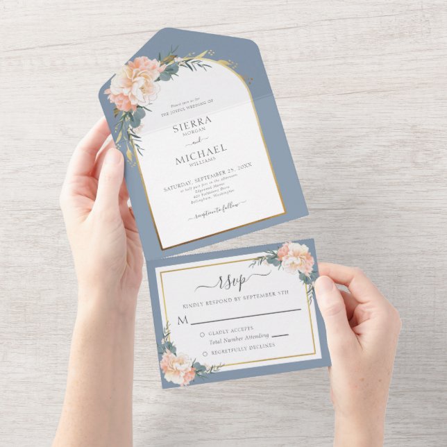 Elegant Dusty Blue Guld Peach Cream Blommigt Bröll (Avrivbar del)