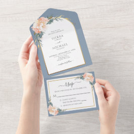 Elegant Dusty Blue Guld Peach Cream Blommigt Bröll