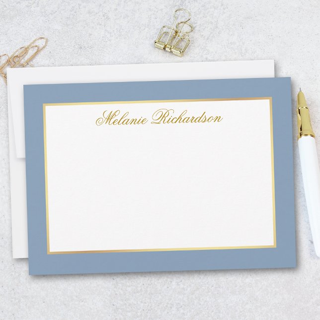 Elegant Dusty Blue Guld Ram - Välj Storlek - Anteckningskort (Customize to change text color, add more text or to change color of back of card.)