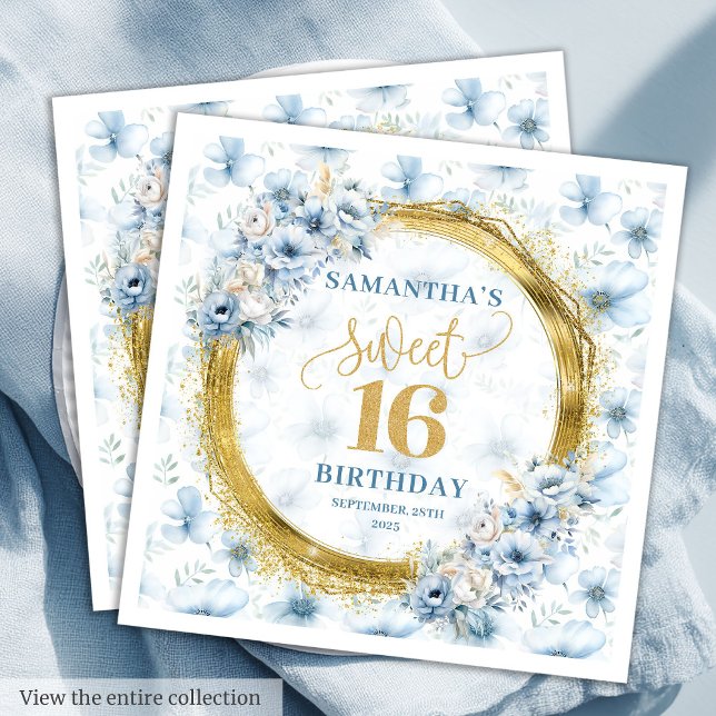 Elegant Dusty Blue Guld Sweet sixteen Napkins Pappersservett (Elegant Dusty Blue Gold Sweet Sixteen Napkins)