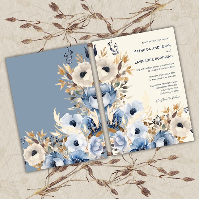 Elegant Dusty Blue Guld Winter Blommigt Bröllop Inbjudningar (Elegant Gold Dusty Blue Floral Winter Wedding Invitation)