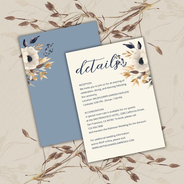 Elegant Dusty Blue Guld Winter Blommigt Bröllop Tilläggskort (Elegant Dusty Blue Gold Winter Floral Wedding Enclosure Card)