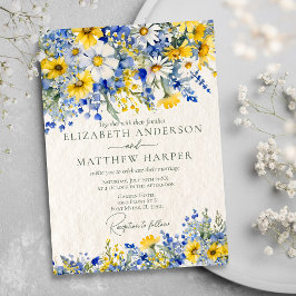 Elegant Dusty Blue Gult Wildblommor Boho Bröllop Inbjudningar