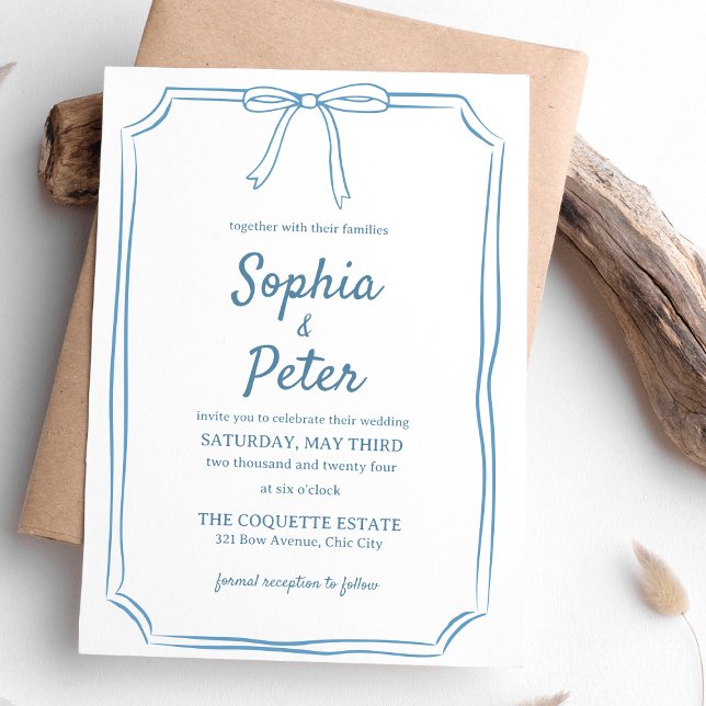 Elegant Dusty Blue Hand Drawn Bow Timless Bröllop Inbjudningar (This soft blue invitation adds a peaceful, elegant touch to your wedding—customizable and chic.)