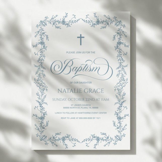Elegant Dusty Blue Hand Drawn Floral Frame Baptism Inbjudningar (Skapare uppladdad)