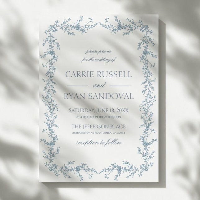 Elegant Dusty Blue Hand Drawn Floral Frame Wedding Inbjudningar (Skapare uppladdad)