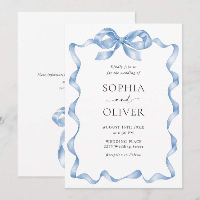 Elegant Dusty Blue Hand plockade Bow Bröllop Inbjudningar (Fram/baksida)
