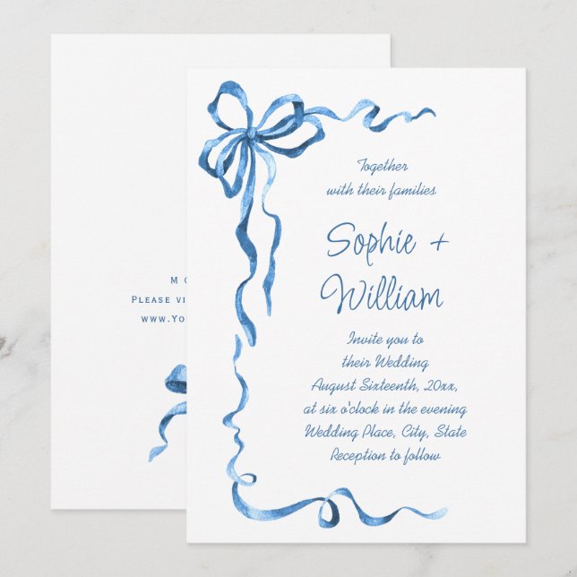 Elegant Dusty Blue Hand plockade Bow Bröllop Inbjudningar (Fram/baksida)