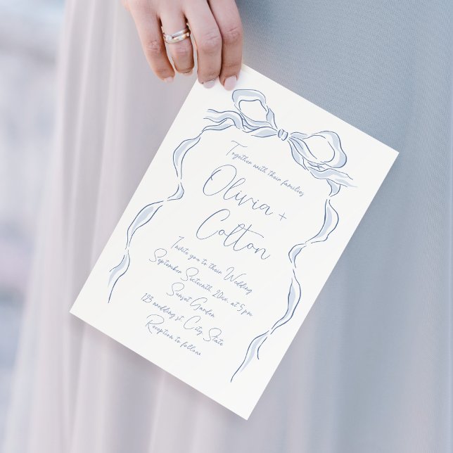 Elegant Dusty Blue Hand plockade Bow Bröllop Inbjudningar (Elegant Dusty Blue Hand Drawn Bow Wedding Invitation)