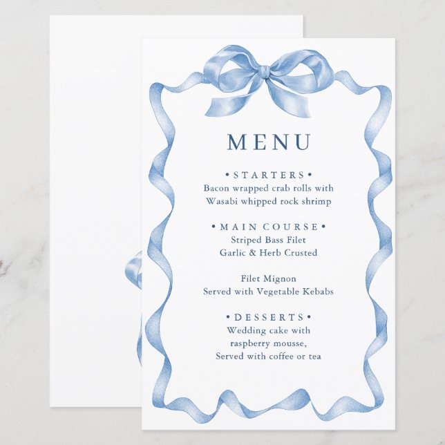 Elegant Dusty Blue Hand plockade Bow Bröllop Menu (Fram/baksida)
