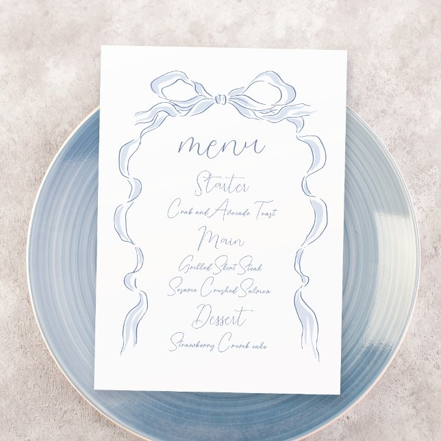Elegant Dusty Blue Hand plockade Bow Bröllop Meny (Elegant Dusty Blue Hand Drawn Bow Wedding Menu)