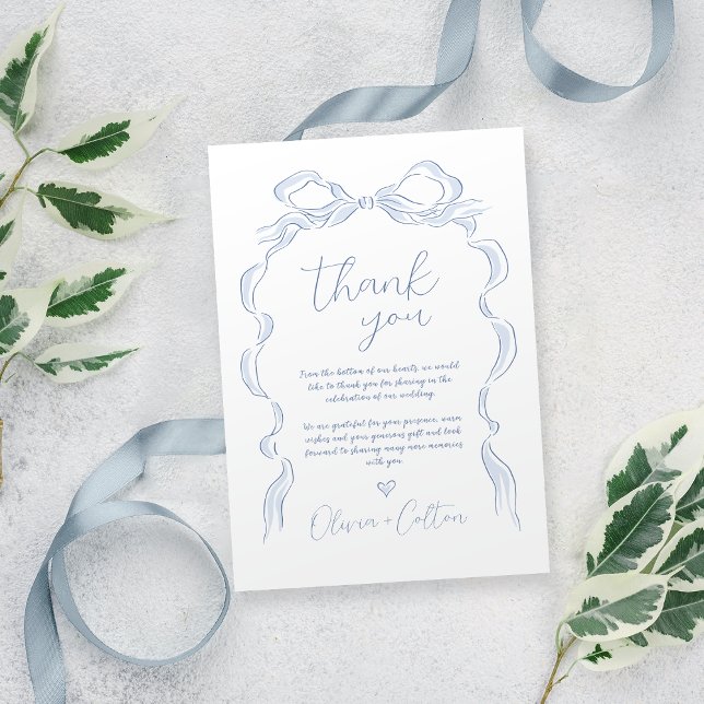 Elegant Dusty Blue Hand plockade Bow Bröllop Tack Kort (Elegant Dusty Blue Hand Drawn Bow Wedding Thank You Card)