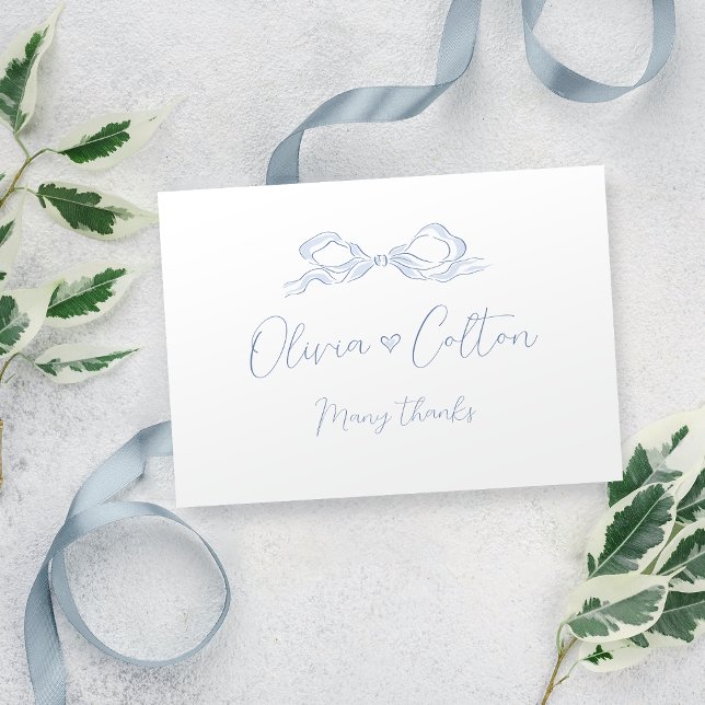 Elegant Dusty Blue Hand plockade Bow Bröllop Tack Kort (Elegant Dusty Blue Hand Drawn Bow Wedding Thank You Card)