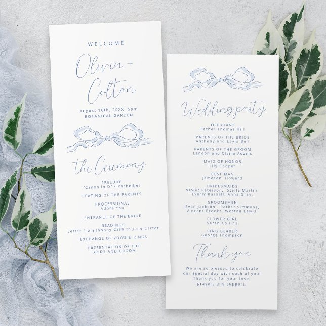 Elegant Dusty Blue Hand plockade Bow Bröllopsprogr Program (Elegant Dusty Blue Hand Drawn Bow Wedding Program)
