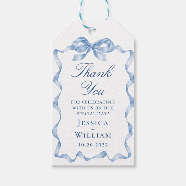 Elegant Dusty Blue Hand plockade Bow Ribbon Bröllo Presentetikett (Framsidan)