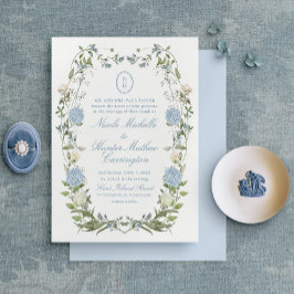 Elegant Dusty Blue Hydrangea Monogram Inbjudningar
