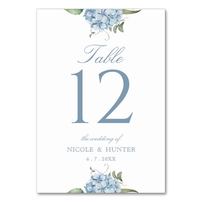 Elegant Dusty Blue Hydrangea Wedding Table Number Bordsnummer (Framsidan)