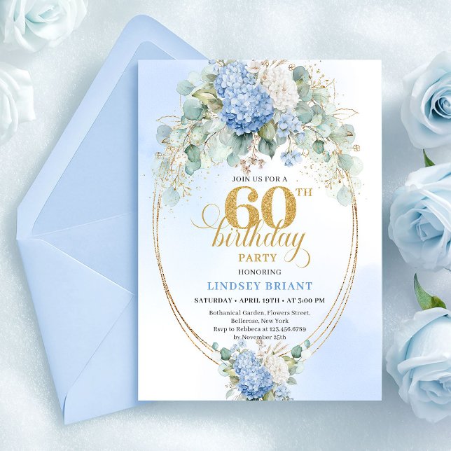Elegant Dusty Blue Hydrangeas 60th Invitation Inbjudningar (Blue hydrangea 60th birthday invitation,
unique digital printable download template,
Watercolor Soft)
