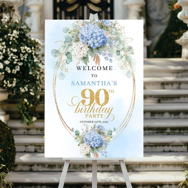 Elegant dusty blue hydrangeas gold welcome sign 90 poster (Elegant dusty blue hydrangeas gold welcome sign 90th birthday

)