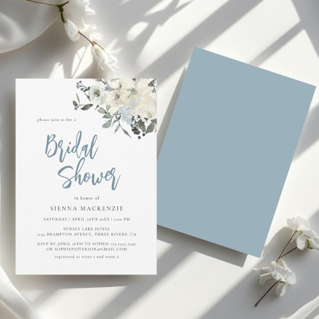 Elegant Dusty Blue Ivory Floral Bridal Shower Inbjudningar (Skapare uppladdad)