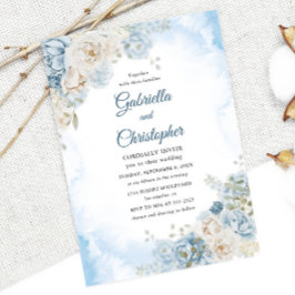 Elegant Dusty Blue Ivory Ro Flowers Bröllop Inbjudningar