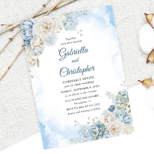 Elegant Dusty Blue Ivory Ro Flowers Bröllop Inbjudningar