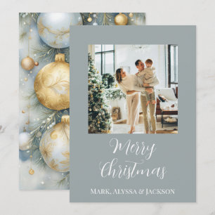 Elegant Dusty Blue jul Baubles Family Photo Julkort