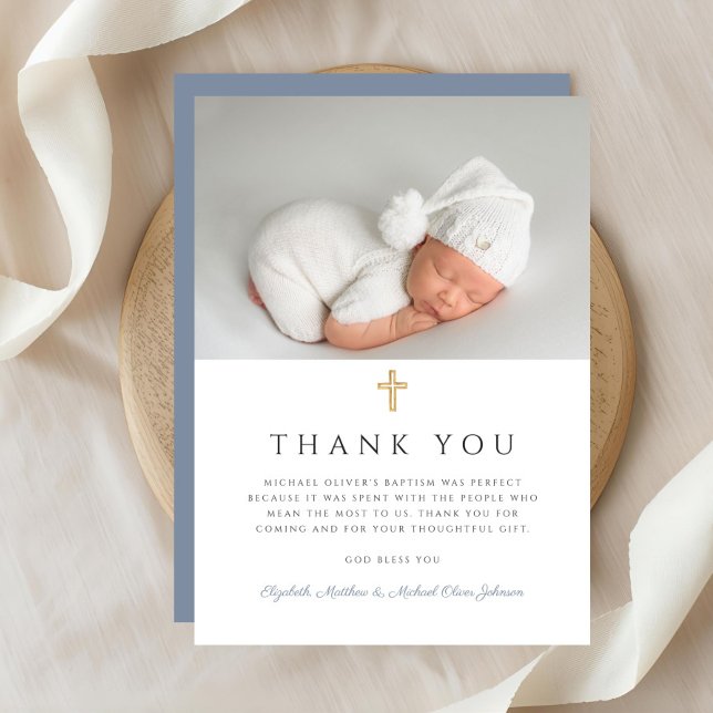 Elegant Dusty Blue Kor Boy Baptism Photo Tack Kort (Elegant Dusty Blue Cross Boy Baptism Photo Thank You Card)