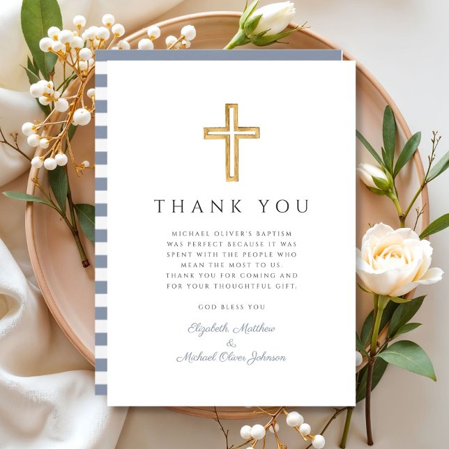 Elegant Dusty Blue Kor Boy Baptism Tack Kort (Elegant Dusty Blue Cross Boy Baptism Thank You Card)