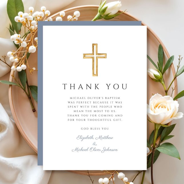 Elegant Dusty Blue Kor Boy Baptism Tack Kort (Elegant Dusty Blue Cross Boy Baptism Thank You Card)