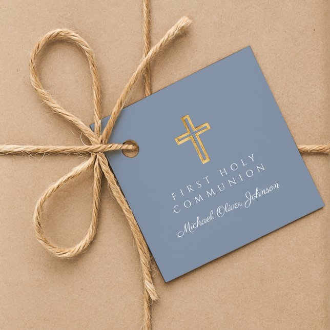 Elegant Dusty Blue Kor Boy First Communion Gåvor Etiketter (Elegant Dusty Blue Cross Boy First Communion Favor Tags)