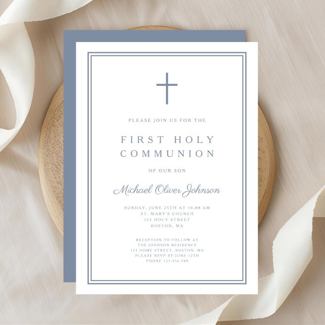 Elegant Dusty Blue Kor Boy First Heliga Communion Inbjudningar (Elegant Dusty Blue Cross Boy First Holy Communion Invitation)