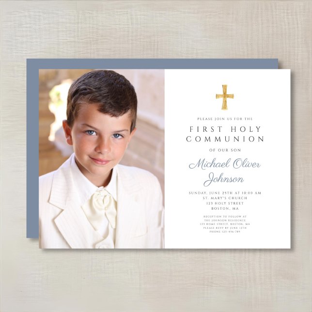 Elegant Dusty Blue Kor Photo Boy First Communion Inbjudningar (Elegant Dusty Blue Cross Photo Boy First Communion Invitation)