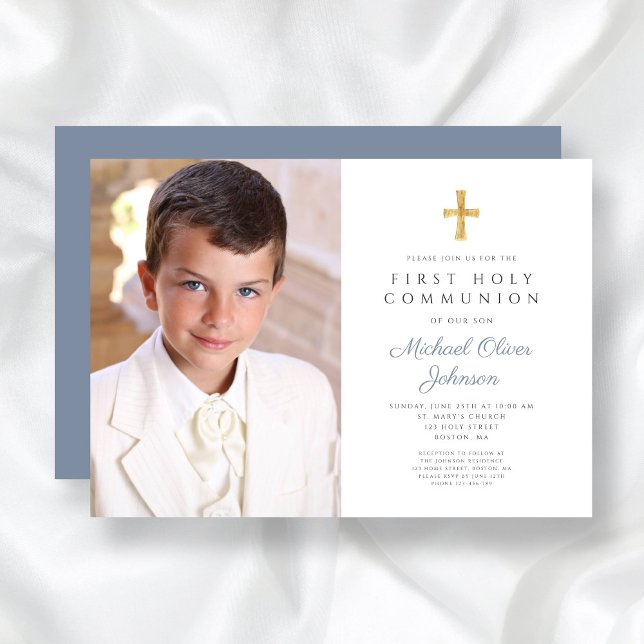Elegant Dusty Blue Kor Photo Boy First Communion Inbjudningar (Elegant Dusty Blue Cross Photo Boy First Communion Invitation)