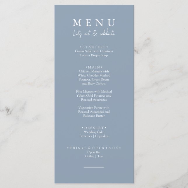 Elegant Dusty Blue Låt oss Eat Calligraphy Bröllop Meny (Framsida)