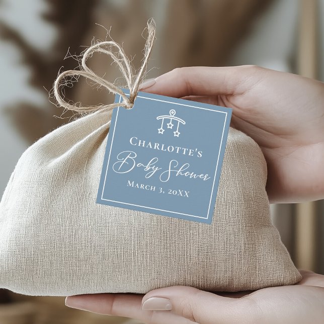 Elegant Dusty Blue Leksak Mobile Baby Shower Gåvor Etiketter (Skapare uppladdad)