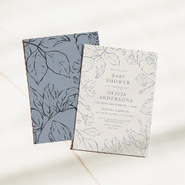 Elegant Dusty Blue Line Art Botanical Baby Shower Inbjudningar