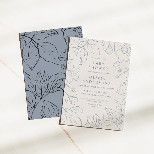 Elegant Dusty Blue Line Art Botanical Baby Shower Inbjudningar (Skapare uppladdad)