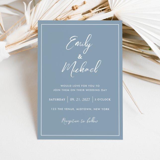 Elegant Dusty Blue Minimal Calligraphy Bröllop Inbjudningar (Skapare uppladdad)