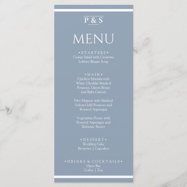 Elegant Dusty Blue Minimal Monogram Middag Bröllop Meny (Framsida)