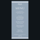 Elegant Dusty Blue Minimal Monogram Middag Bröllop Meny<br><div class="desc">En marinblå och vit elegant minimalistisk chic ljusblå middagsmeny för bröllop. Med chicens utformning av dammblå bakgrund och vit typografi. Och monogram eller initialer överst och vit rand överst och överst.</div>