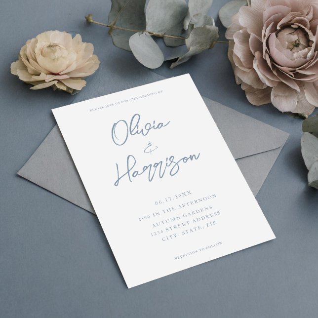 Elegant Dusty Blue Modern Calligraphy Bröllop Inbjudningar (Skapare uppladdad)