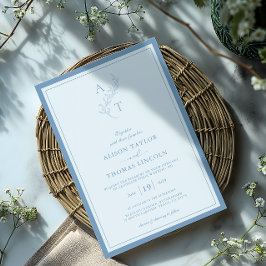 Elegant Dusty Blue Monogram Bröllop Ram Inbjudningar
