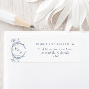 Elegant Dusty Blue Monogram Bröllop Returadress Returadress Etikett