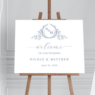 Elegant Dusty Blue Monogram Bröllop Välkomsttecken Poster