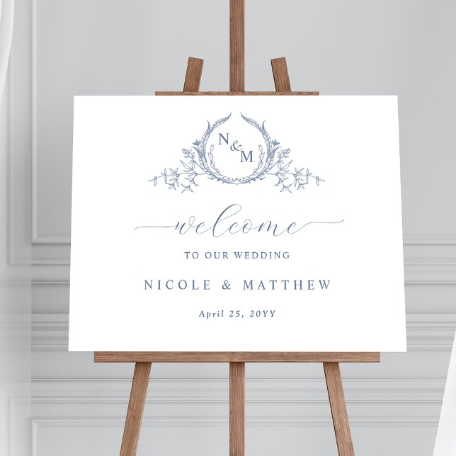 Elegant Dusty Blue Monogram Bröllop Välkomsttecken Poster (Skapare uppladdad)